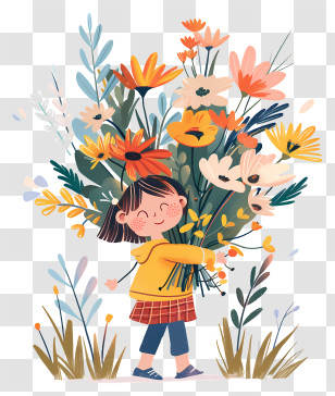 Spring Time - Happy Girl With Colorful Flowers Transparent PNG
