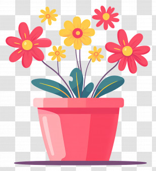 Pot Of Flowers - Bright Flower Pot Illustration With Red And Yellow Flowers Transparent PNG