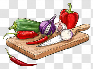 Cutting Board With Vegetables And Knife - Cutting Board With Fresh Vegetables And A Knife Transparent PNG