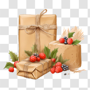 Christmas Present - Beautifully Wrapped Gifts With Holly Leaves And Berries Transparent PNG