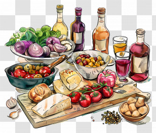 Italian Cuisine - Assorted Food And Drinks On Table Transparent PNG