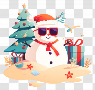 Beach Christmas Snowman - Snowman With Christmas Tree And Gifts Transparent PNG