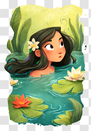 Girl Submerged In Green Water - Girl In Water With Flowers Transparent PNG