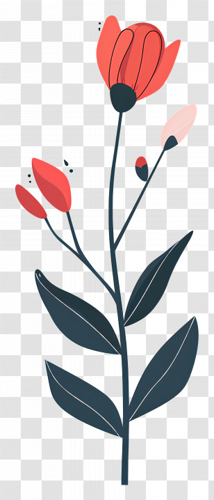 Flower Stem - Stylized Red Flower Illustration With Leaves Transparent PNG