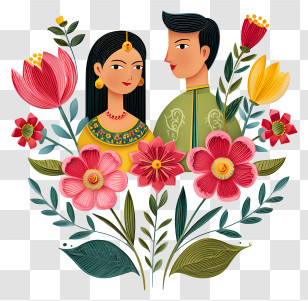 Indian Wedding Flowers - Floral Couple Portrait Illustration Transparent PNG