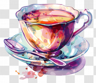 Tea Cup - Artistic Watercolor Teacup With Saucer And Spoon Transparent PNG