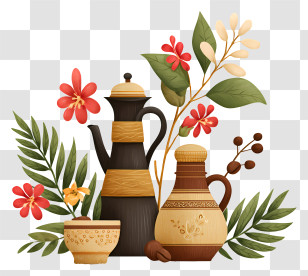 Yemeni Coffee - Coffee Pot And Cup With Floral Decoration Transparent PNG