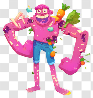 Pink Cartoon Character - Cartoon Monster With Vegetables Transparent PNG
