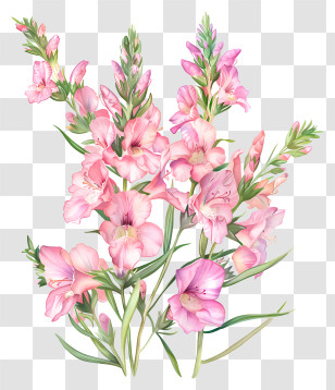 Pink Snapdragons Flowers - Pink Gladiolus Flowers Botanical Illustration Transparent PNG