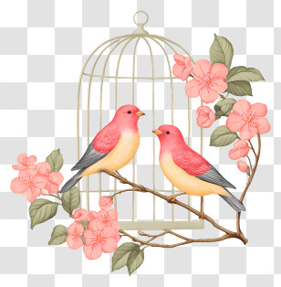 Two Birds In Cage - Birds On Branch With Cage And Flowers Transparent PNG