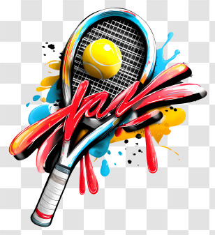 Dynamic Sport Shot - Tennis Racket And Ball With Graffiti Transparent PNG