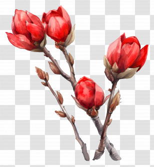 Watercolour Flowers - Red Magnolia Flowers On Branch Transparent PNG