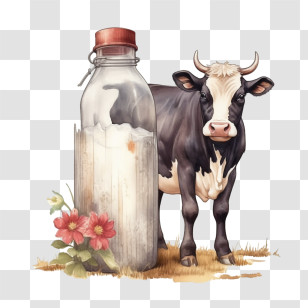 Farm Cow
 - Illustration Of A Cow And Milk Bottle With Flowers Transparent PNG