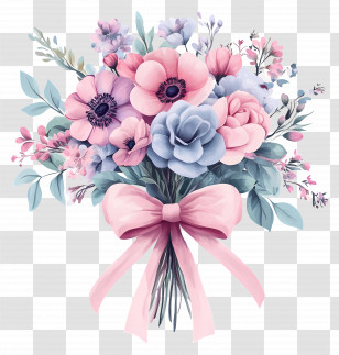 Pink Bouquet - Beautiful Floral Bouquet With Pink Bow Transparent PNG