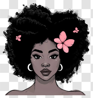 Hand Drawn Black Girl - Artistic Woman Portrait With Curly Hair And Floral Accents Transparent PNG