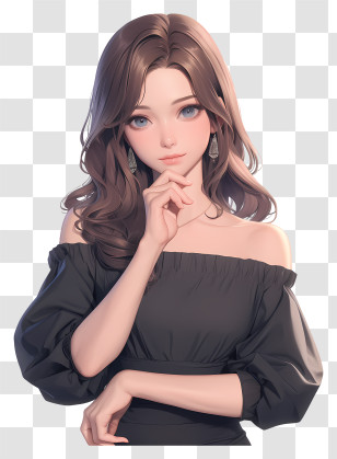 Girl With Hand Touching Chin - Anime Girl In Off-Shoulder Dress Transparent PNG