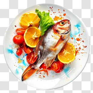 Watercolor Fish Dish - Cooked Fish With Lemons And Vegetables Transparent PNG