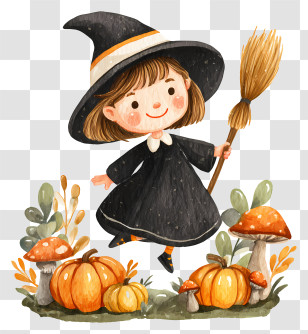 Little Witch With Broom - Little Witch With Broom And Pumpkins Transparent PNG