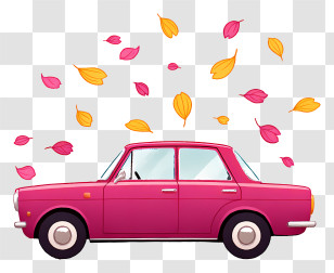 Petals Filling Car - Retro Pink Car With Falling Leaves Transparent PNG