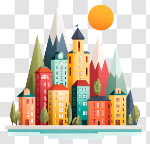 City In Mountains - Colorful Town With Sun Transparent PNG