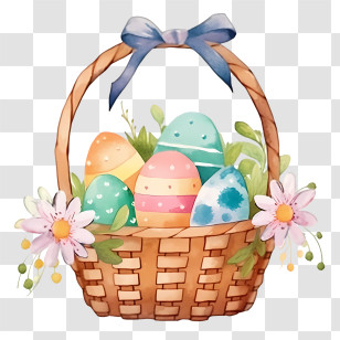 Easter Basket - Easter Basket With Painted Eggs And Floral Decor Transparent PNG