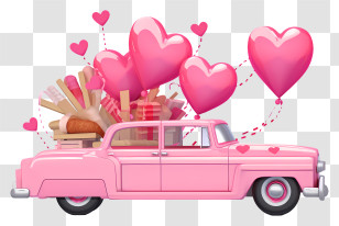 Flat Valentine Vehicle - Pink Car With Hearts And Gifts Transparent PNG