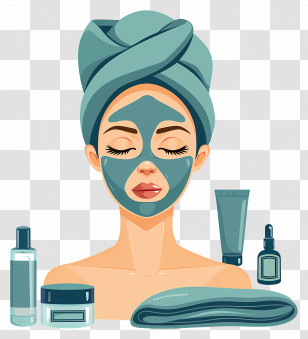 Spa Face Mask - Woman With Green Face Mask And Skincare Products Illustration Transparent PNG