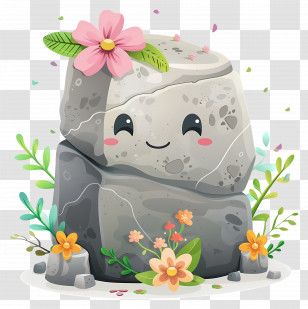 Cartoon Stone - Cute Smiling Rock With Flowers Transparent PNG