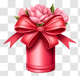 Gift Box - Gift Box With Red Ribbon And Flower Bouquet Transparent PNG