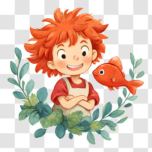 Ponyo - Red-Haired Child With Fish Transparent PNG