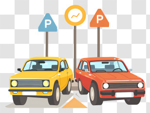 Parking - Parked Yellow And Red Cars With Signs Transparent PNG