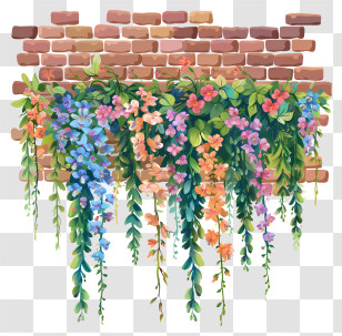 Brick Wall - Colorful Hanging Flowers On Brick Wall Transparent PNG