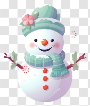 Cartoon Character - Happy Snowman With Green Scarf Transparent PNG