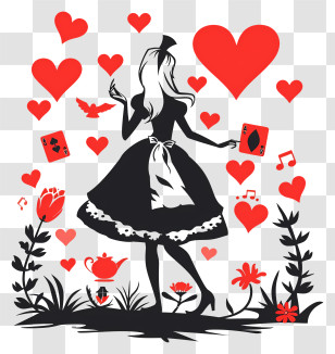 Alice In Wonderland - Whimsical Girl Silhouette With Hearts And Cards Transparent PNG