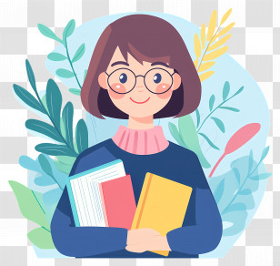 Cartoon Teacher - Cartoon Woman Holding Books With Leafy Background Transparent PNG