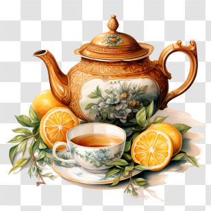 International Tea Day - Ornate Teapot With Teacup And Oranges Transparent PNG