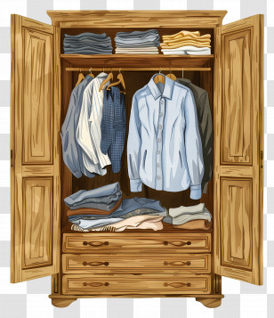 Wooden Wardrobe With Clothes - Wooden Wardrobe With Neatly Arranged Clothes Transparent PNG