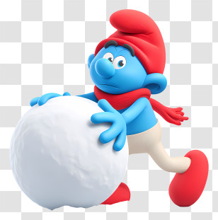 Smurf Pushing Snowball - Blue Cartoon Character Playing With Snowball Transparent PNG