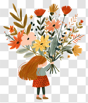 Spring Time - Cute Girl Holding A Bouquet Of Flowers Illustration Transparent PNG
