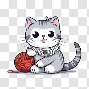 Cat Playing Yarn Ball - Cartoon Gray Cat Playing With Yarn Transparent PNG
