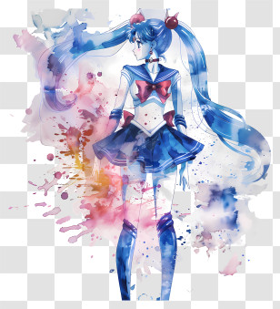 Sailor Moon - Watercolor Anime Character With Blue Hair Transparent PNG