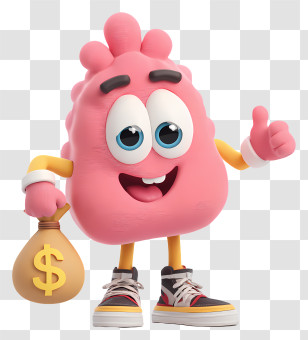 Mascot With Money Bag - Pink Cartoon Character With Money Bag Transparent PNG