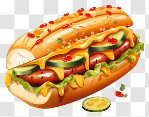 Hot Dog - Hot Dog With Cheese And Toppings Illustration Transparent PNG