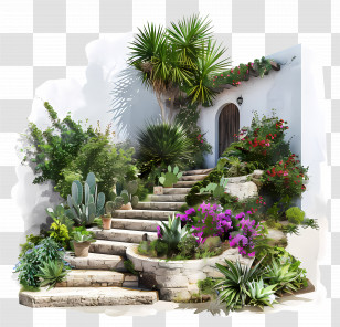 Mediterranean - Beautiful Garden With Stone Stairs And Various Plants Transparent PNG