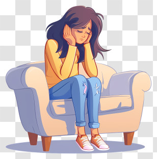 Cartoon Depression - Sad Girl Sitting On Chair Transparent PNG