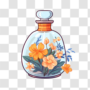 Perfume Bottle - Elegant Glass Bottle With Orange Flowers Transparent PNG