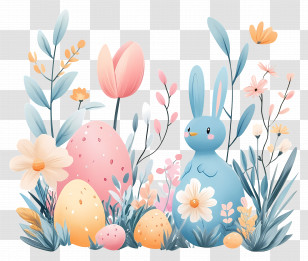 Easter Day Garden - Blue Bunny With Easter Eggs And Flowers Transparent PNG