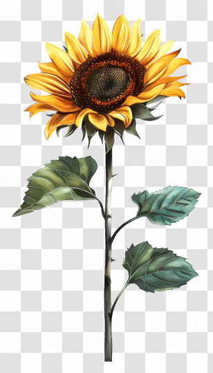 Sunflower With Stem - Sunflower Illustration With Green Leaves Transparent PNG