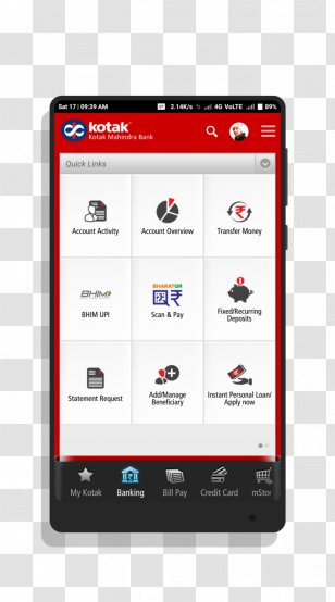 Mobile Banking Kotak Mahindra Bank Debit Card Credit - Balance Transparent PNG