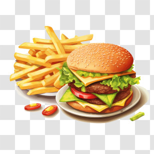 Hamburger - Cheeseburger With Crispy Fries Transparent PNG